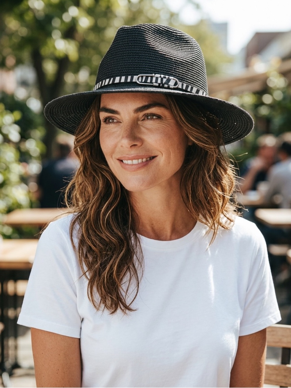 Black Straw Fedora with Black & White Band